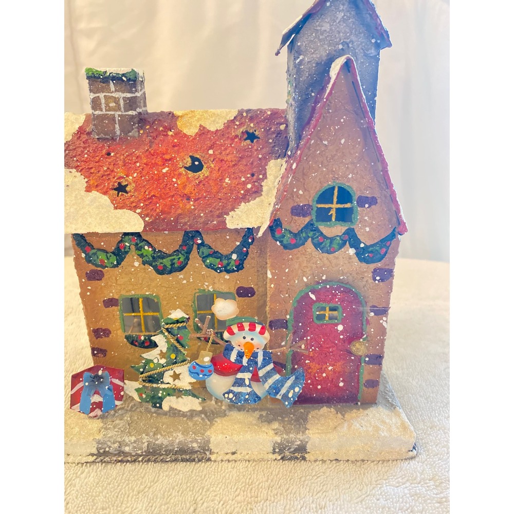Vintage Tin Christmas House Votive Holder Snowman Winter Village Metal Luminary - Picture 2 of 7